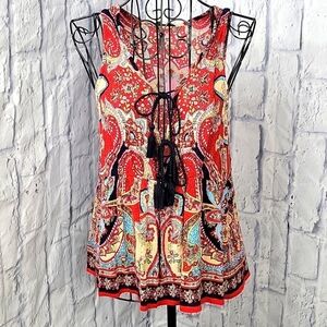PATRONS OF PEACE Bohemian‎ Tassel Red Paisley/Floral Tie Sleeveless Blouse Small